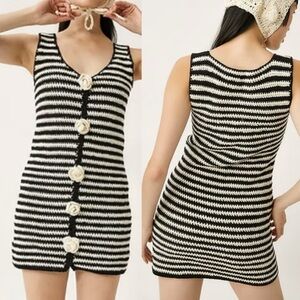 TACH Zafiro Crochet Mini Dress Black White Stripe Flowers Sz S